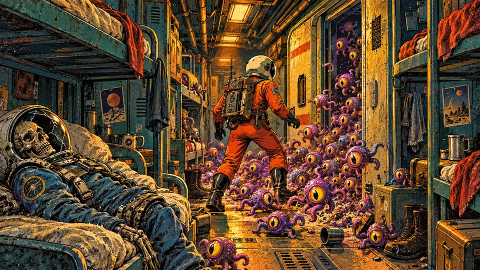 Creatures swarm through the abandoned bunks of the crew quarters.