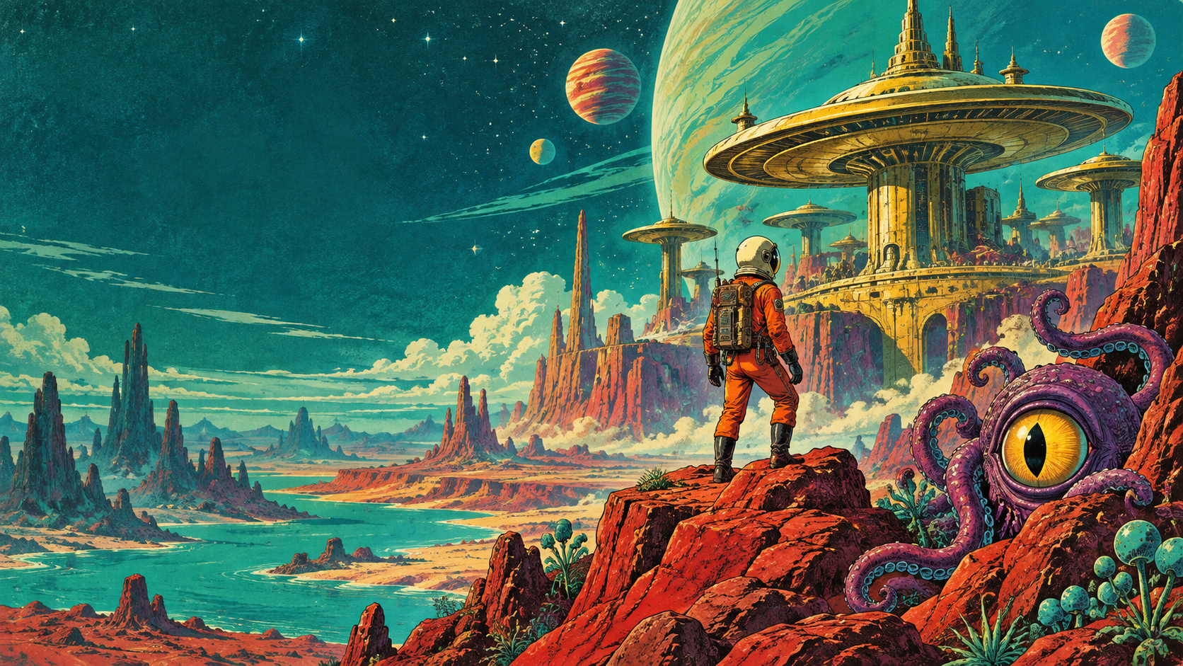 An orange-suited Spacer surveys an alien landscape of golden towers, while a tentacled creature watches from the rocks.