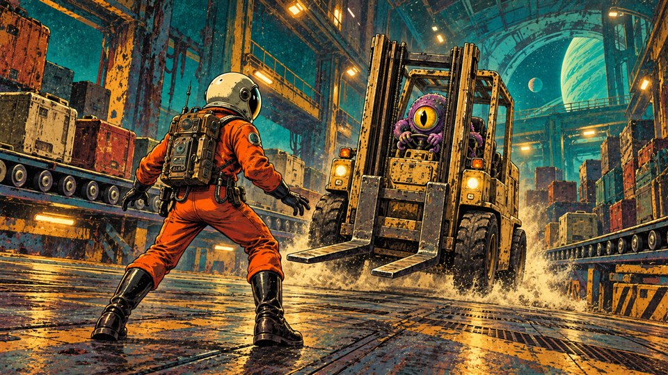 An alien-controlled cargo loader confronts the Spacer among conveyor belts.