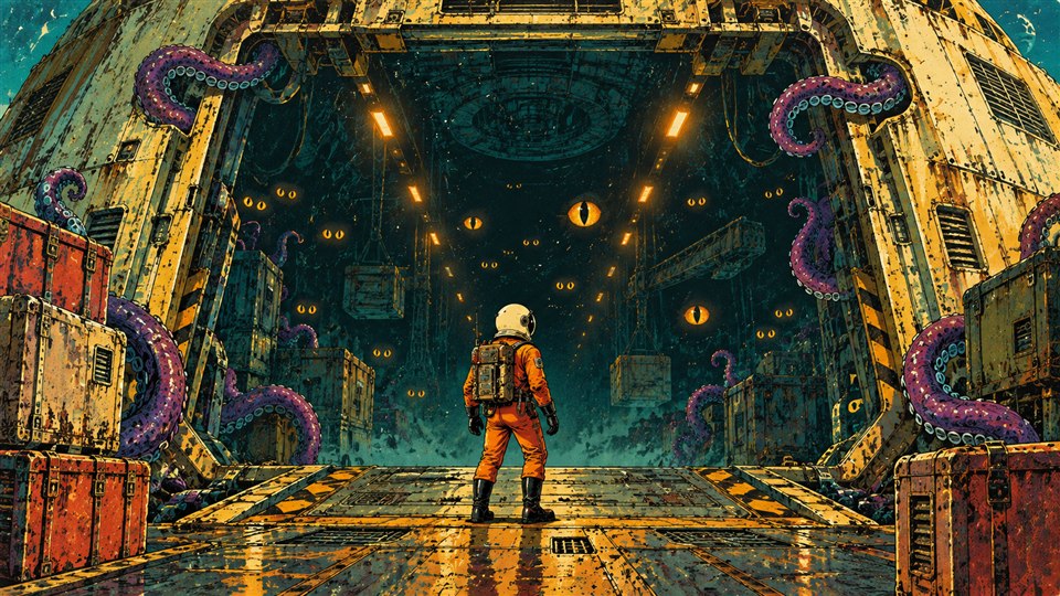 The Spacer faces a dark loading bay watched by alien eyes and tentacles.